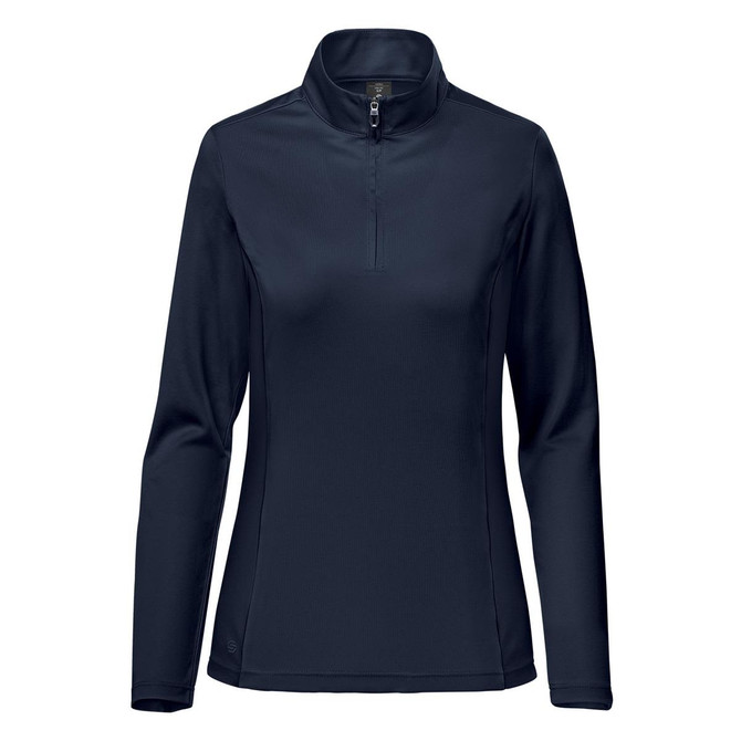 A navy women's pullover with a quarter zip and long sleeves. The design includes a logo on the garment.
