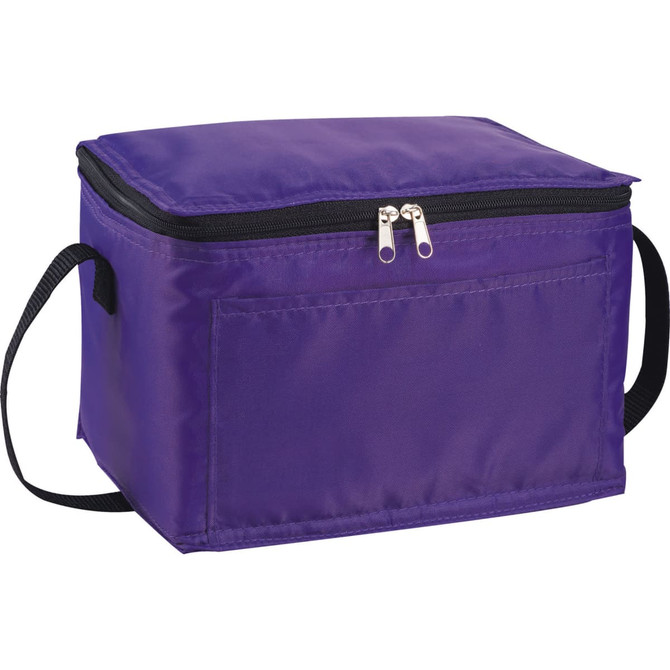 A purple insulated lunch cooler with a zippered closure and a handle for easy carrying. Features branding on one side.