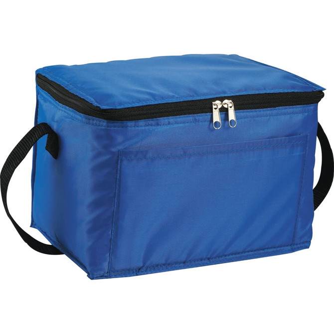 A blue cooler bag with a zippered closure and a side handle, featuring a front pocket and a branding logo.