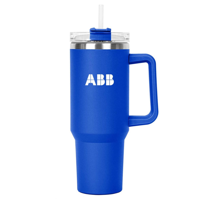 A drink bottle with a blue exterior, clear lid, straw, and a handle. It features a logo on the side.