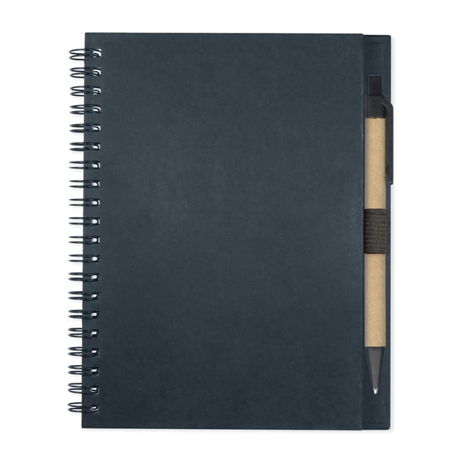 A dark-colored spiral notebook with a pen attached on the side.