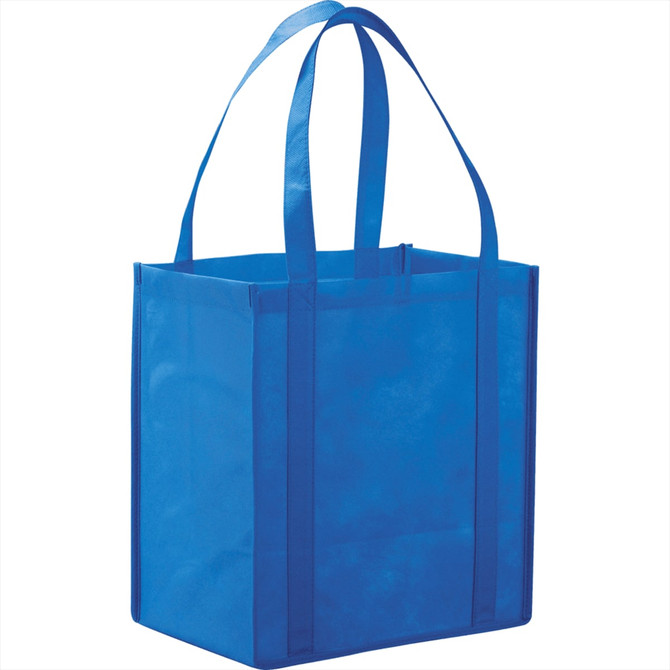 A blue non-woven grocery tote with long handles and a sturdy design, featuring a visible logo.
