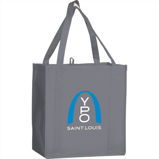 A grey non-woven grocery tote bag with sturdy handles and a logo on the front.