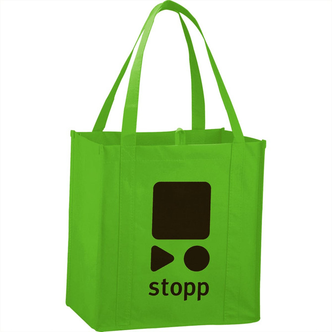 A bright green non-woven grocery tote bag with two handles and a logo on the side.