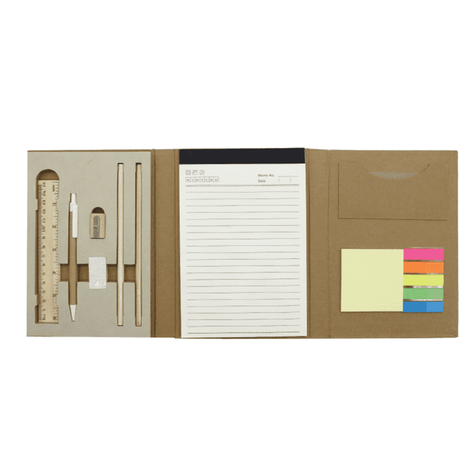 An A5 notepad in a kraft folder, featuring stationery items like a ruler, pencils, and sticky notes in various colours.