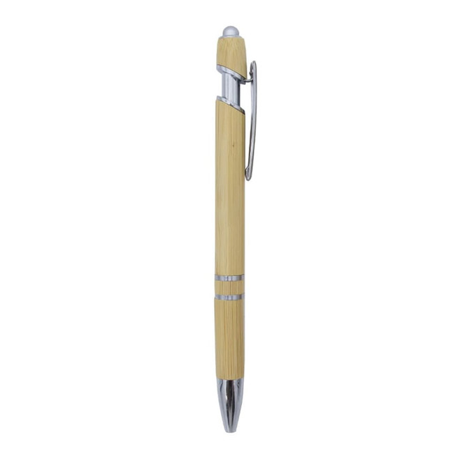 A bamboo pen with silver accents, featuring a stylus tip and a clip for easy attachment.