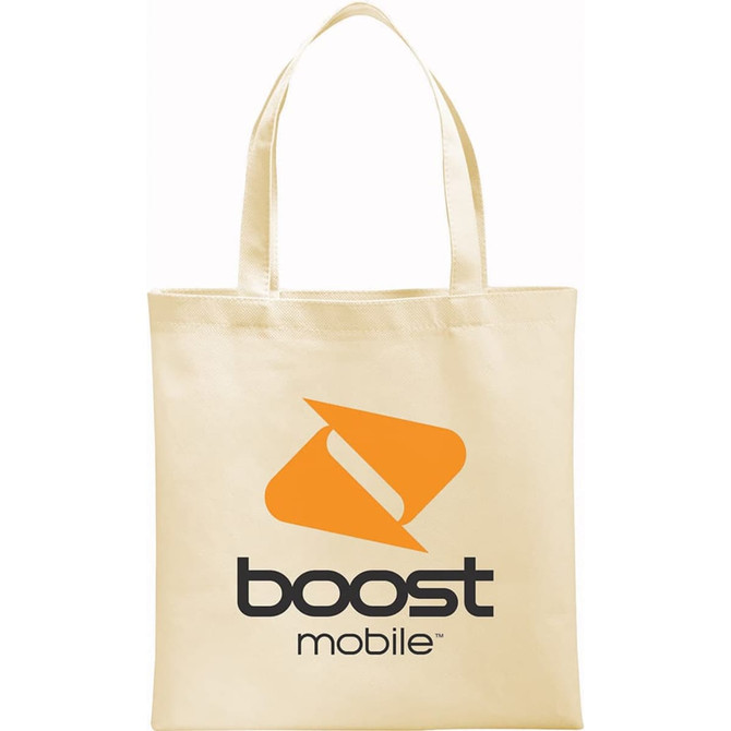 A cream-coloured tote bag with long handles and a logo displayed prominently on the front.