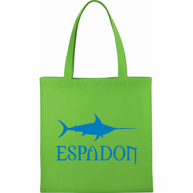 A bright green non-woven tote bag with a blue graphic of a fish and a logo.