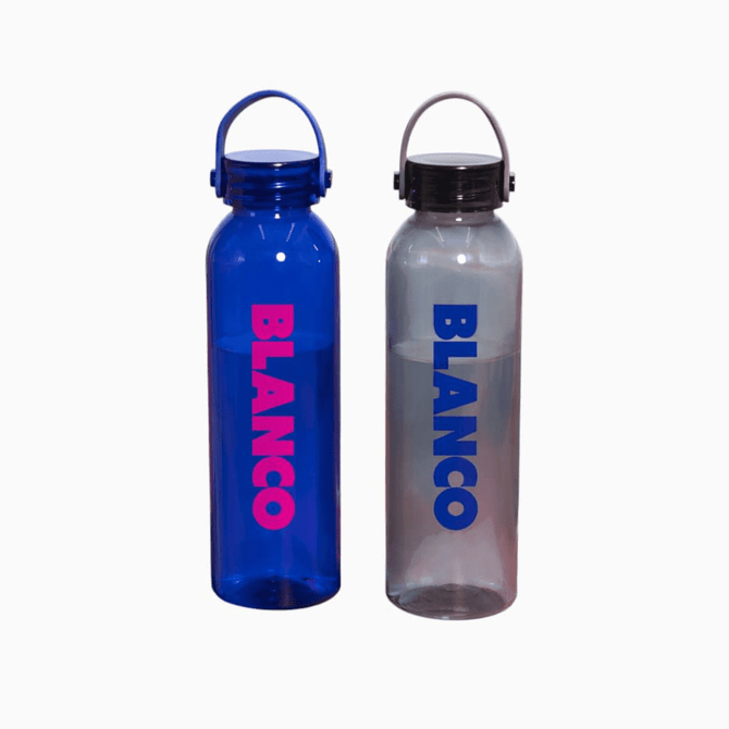 A drink bottle set featuring a blue and a clear design, both with a logo and cap, resting on a bench.