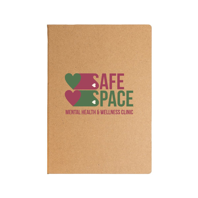 A kraft notebook featuring a logo with hearts and the text "Safe Space Mental Health & Wellness Clinic" in green and pink.