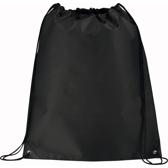 A large drawstring sportspack in black with a cinch closure and reinforced corners. It features a logo on the front.