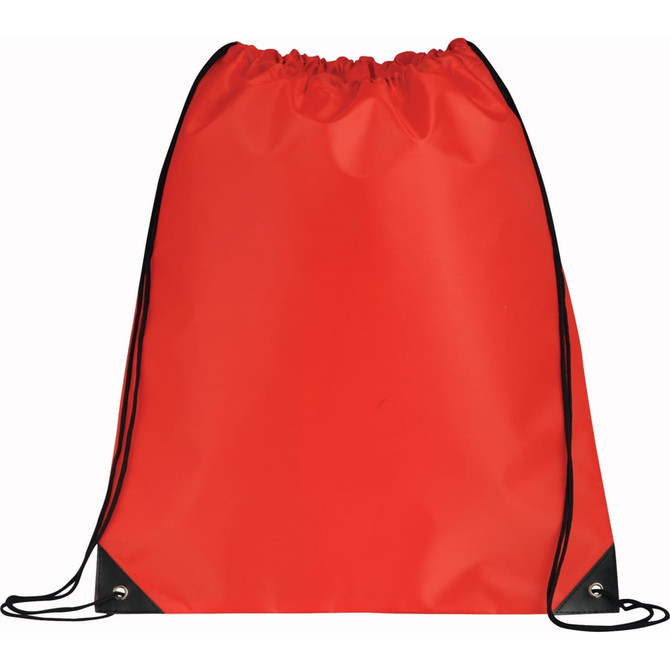 A bright red drawstring sportspack with black corners and a logo. Ideal for carrying lightweight items.