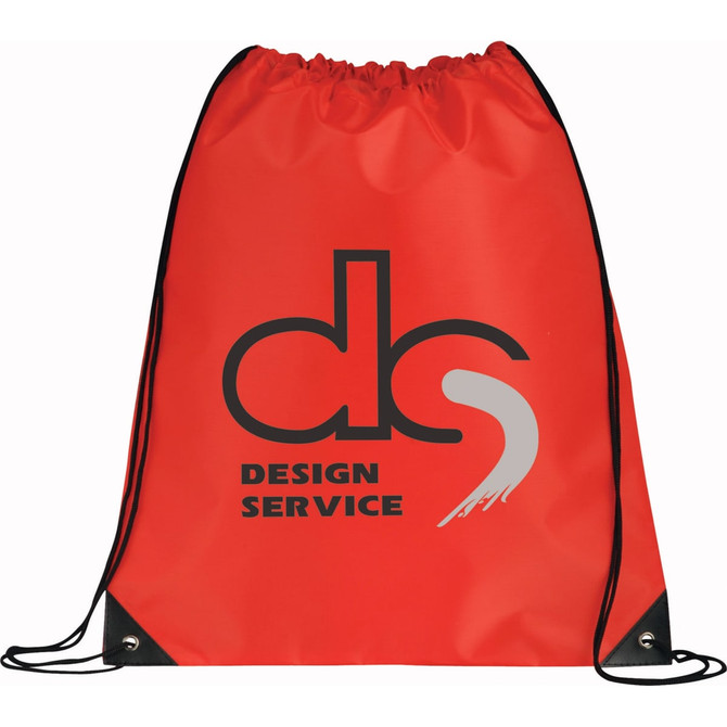 A large red drawstring sportspack with a black logo featuring the letters "ds" and the words "DESIGN SERVICE."