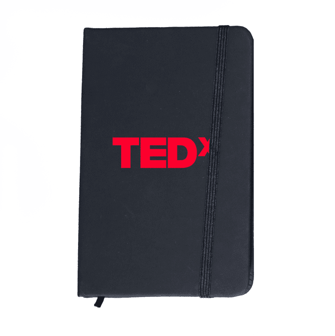 A black notebook with an elastic band closure and a red logo on the front.