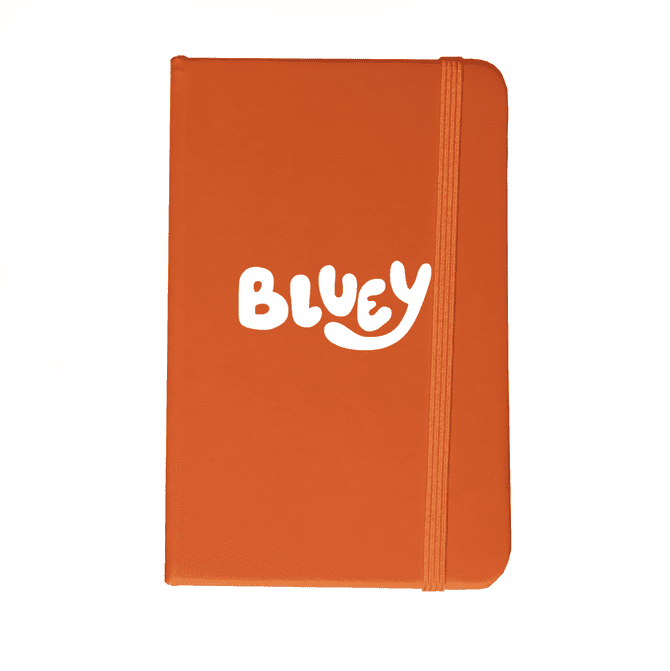 An orange notebook featuring a white logo on the front and an elastic band.