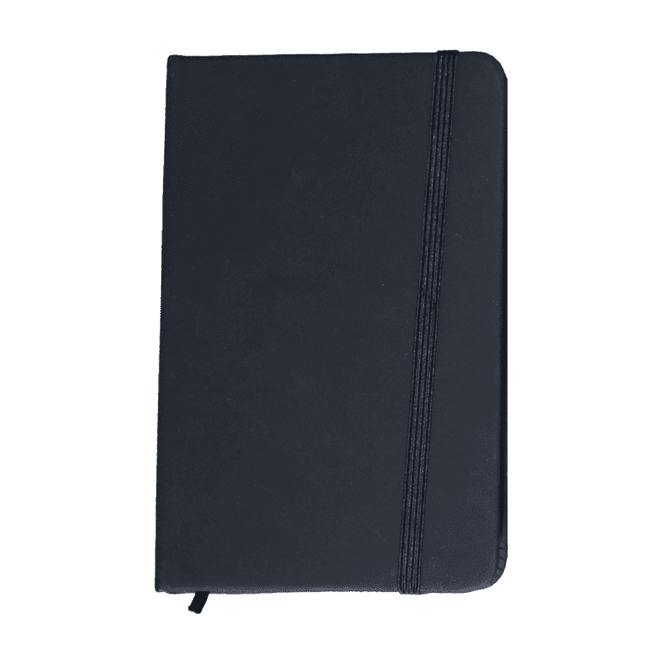 A black A6 notebook with a subtle textured cover and an elastic band closure. It features branding on the front.
