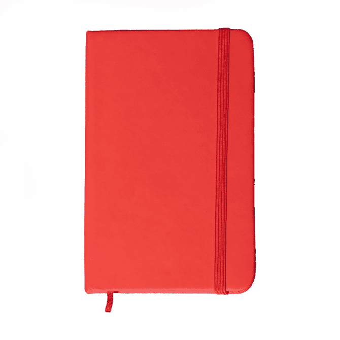 A red A6 notebook with an elastic band closure and a ribbon bookmark. It features a smooth surface.