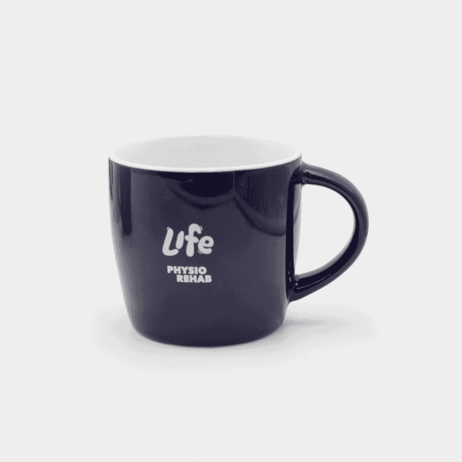 A ceramic mug in navy blue with a white interior and a curved handle, featuring a logo on the side.