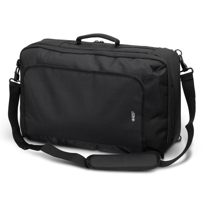 A black convertible travel backpack with a handle and adjustable shoulder strap, featuring a logo on the side.