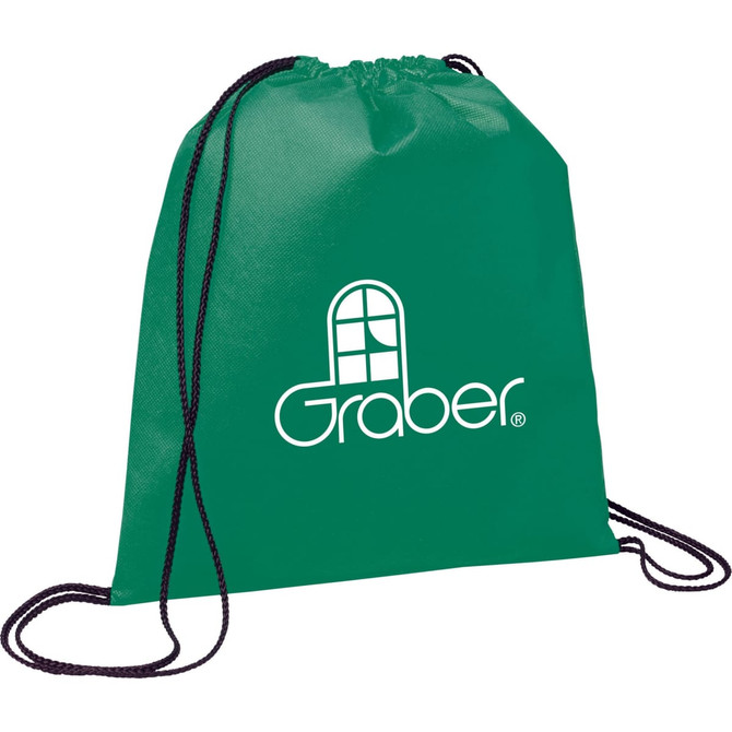 A green non-woven drawstring sportpack with black drawstrings and a logo on the front.