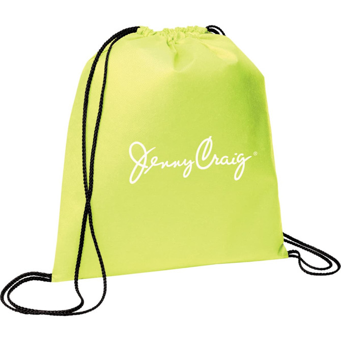 A lime green non-woven drawstring sportpack featuring a logo and black drawstrings.