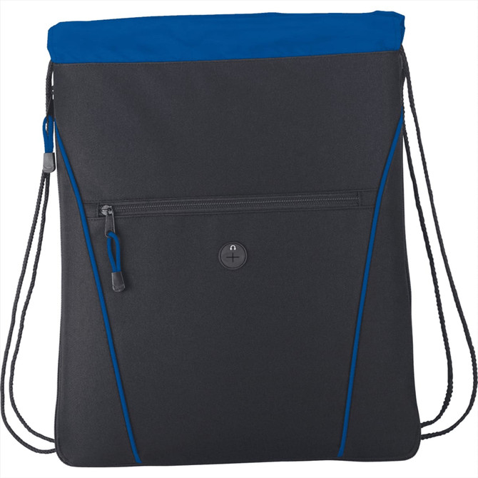 A black drawstring bag with a blue top and a zippered front pocket, featuring a logo.