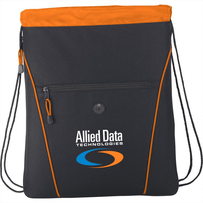 A drawstring bag in black with an orange top, featuring a front pocket and a logo.