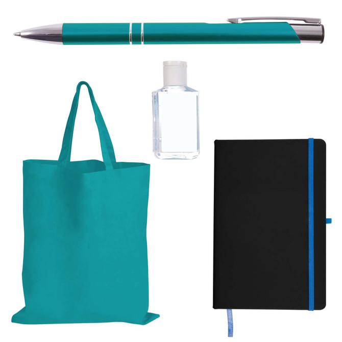 A teal tote bag, teal pen, clear hand sanitizer, and black notebook with a blue ribbon bookmark. All items have branding.