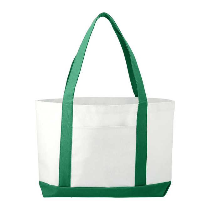 A large tote bag in white with green handles, featuring a logo on the front.