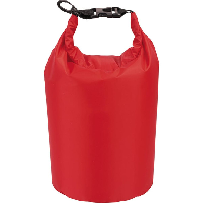A red waterproof outdoor bag with a secure closure and a black clip handle. It has a logo on the surface.