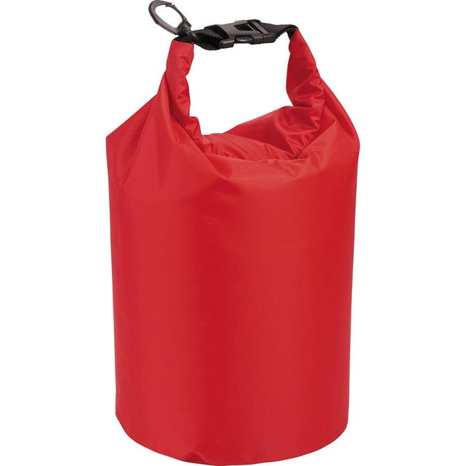 A red waterproof outdoor bag with a top closure and a clip. It has a smooth, durable surface and a branding logo.
