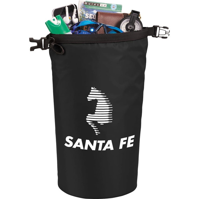 A waterproof black outdoor bag filled with various items, including a drink bottle and headphones. Features a logo.