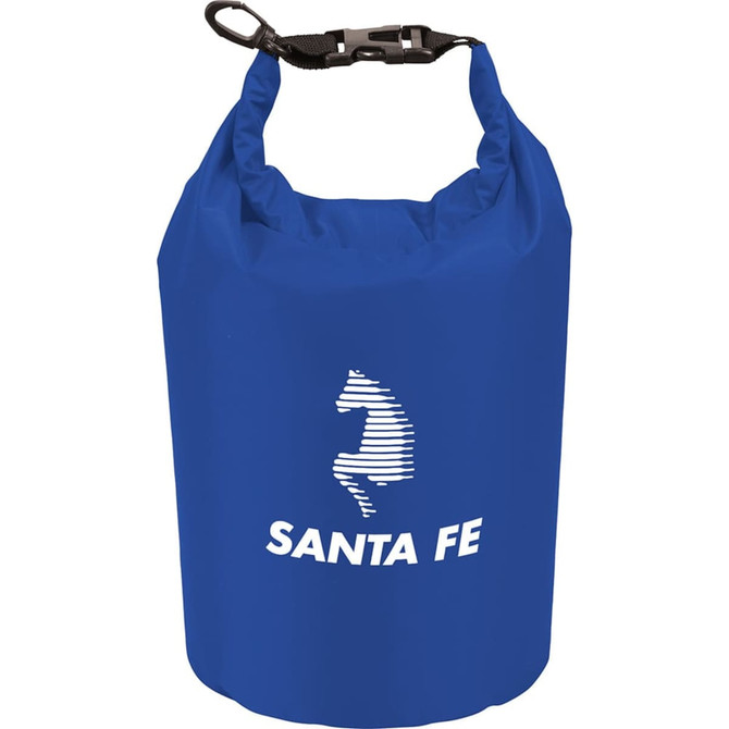 A blue waterproof outdoor bag with a black strap and a logo on the front.
