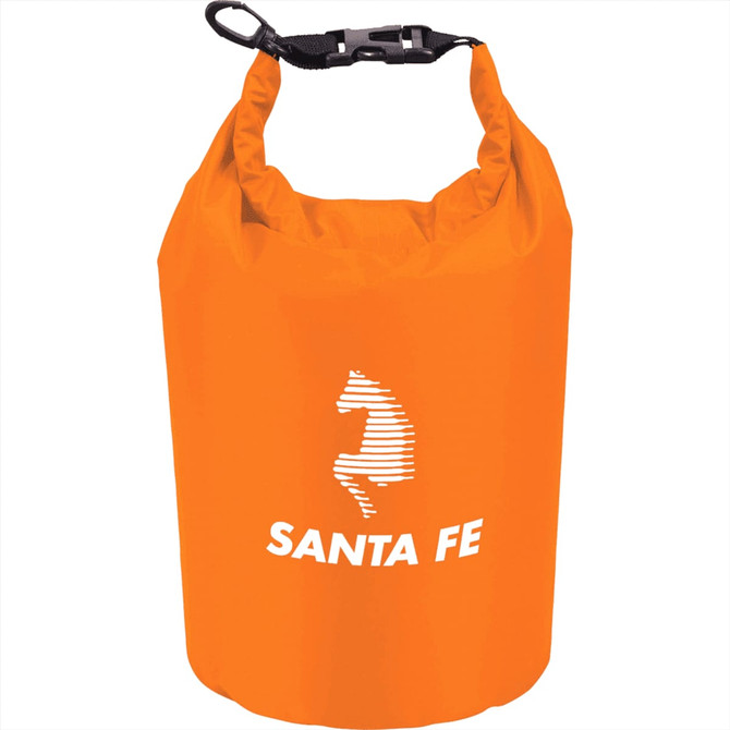 An orange waterproof outdoor bag with a drawstring closure and a logo. Suitable for outdoor activities.