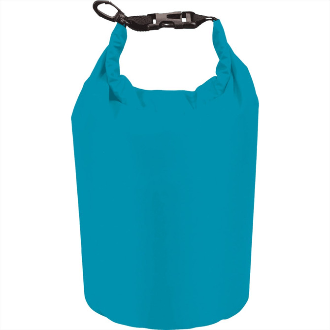 A teal waterproof outdoor bag with a roll-top closure and shoulder strap, featuring a logo.