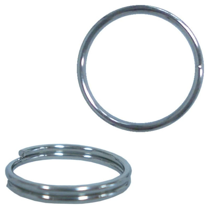 A split ring in silver metal, featuring two different views highlighting its circular shape.