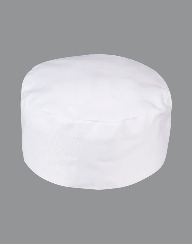 A white chef's cap with a structured design, featuring a branding logo. The background is grey.