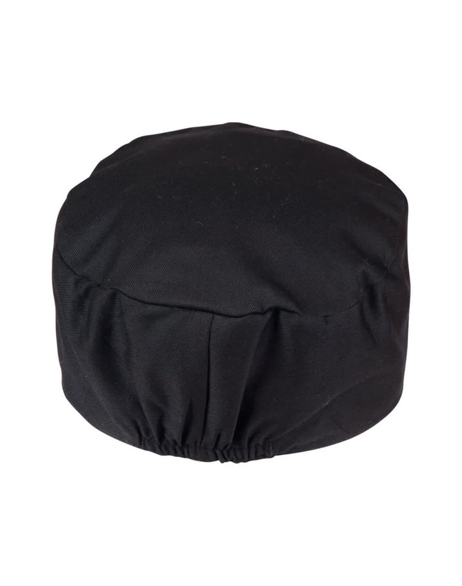A black Chef's Cap featuring an elasticated band for a secure fit and a rounded top design.