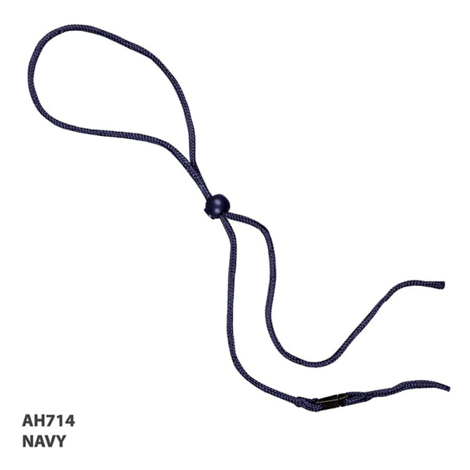 A navy rope and toggle with a bead and adjuster, featuring loose ends for securing items.