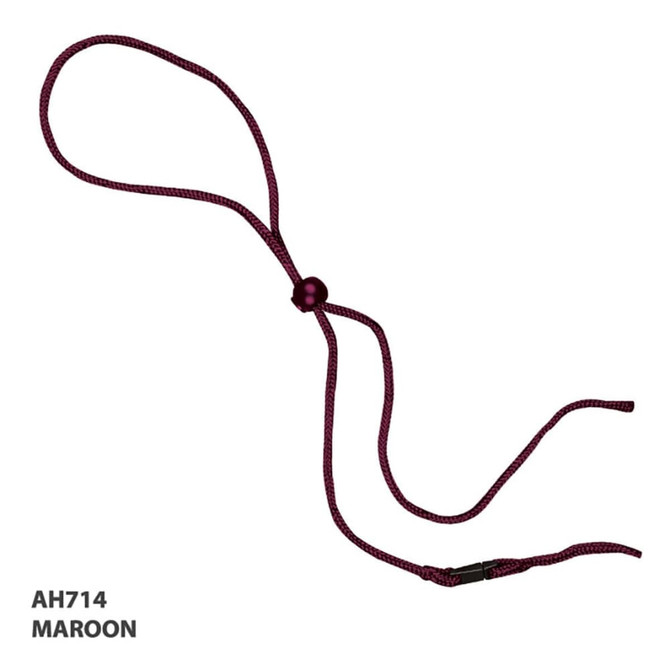 A maroon rope and toggle with a bead, featuring two loose ends for adjustment. It has a logo on the side.