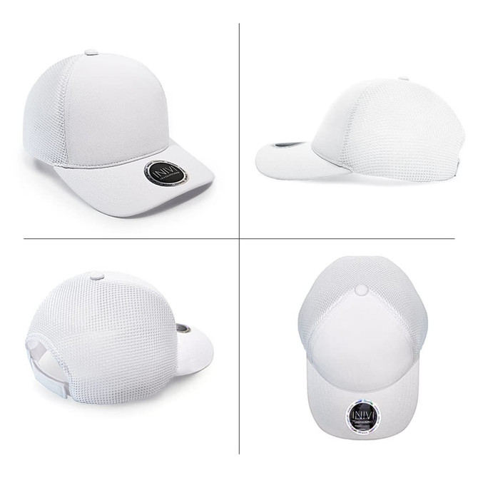 A white cap made of polyester and mesh, featuring a circular logo on the front. Multiple angles displayed.