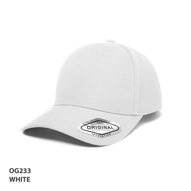 A white cap with a rounded peak and a logo on the side. The cap has a modern design.