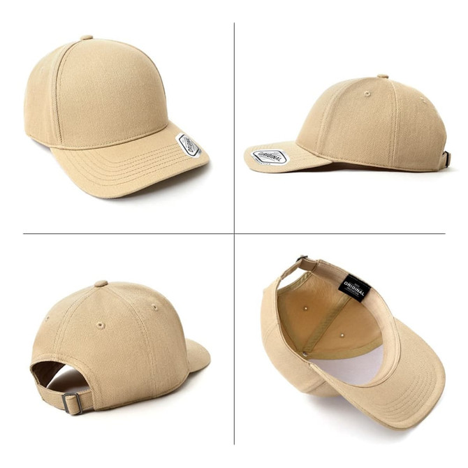 A beige cap featuring a logo and a strap at the back, displayed from multiple angles.