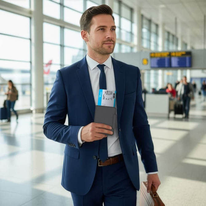 A man in a navy suit holds a passport in an airport terminal with large windows and people in the background.