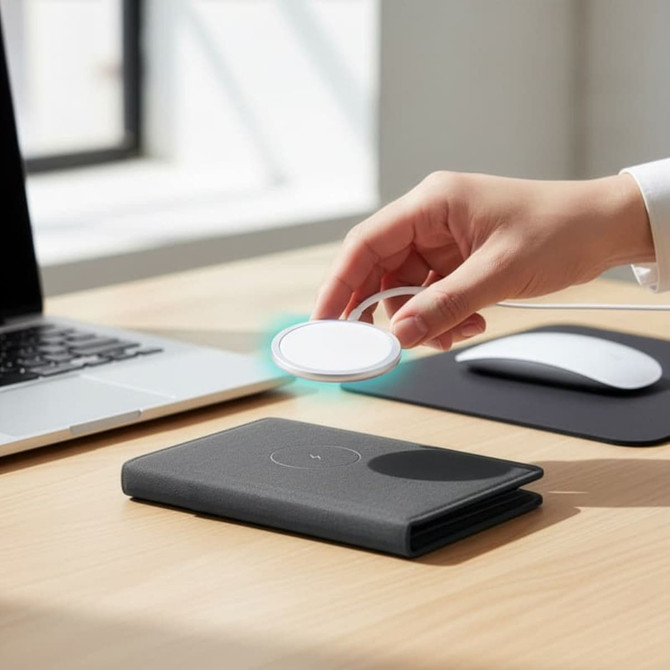 A black passport holder with a tracking tag being placed on a laptop desk, alongside a mouse and a notebook.