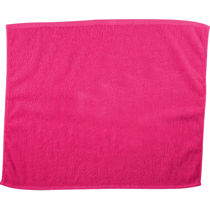 A pink gym towel with a soft texture, featuring a logo on one side. Ideal for leisure and outdoor activities.
