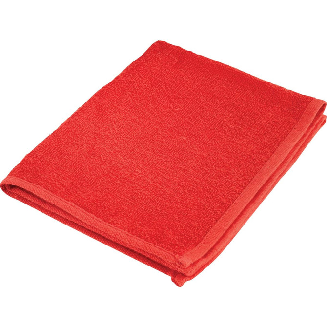 A red gym towel, neatly folded, with a border trim and a logo. Suitable for leisure and outdoor activities.