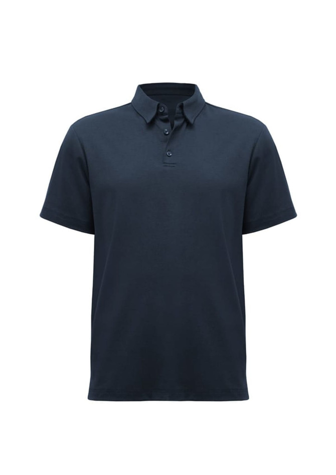 A navy blue short sleeve polo shirt featuring a collar and a logo.