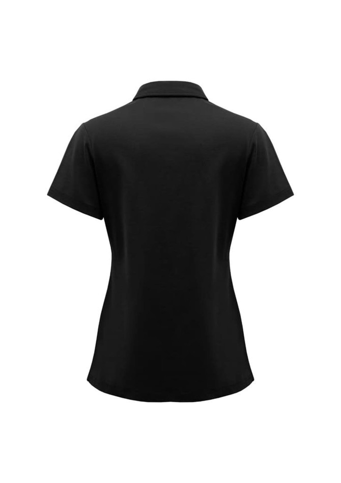 A black women's short sleeve polo shirt featuring a classic collar and a fitted design, including a branding logo.