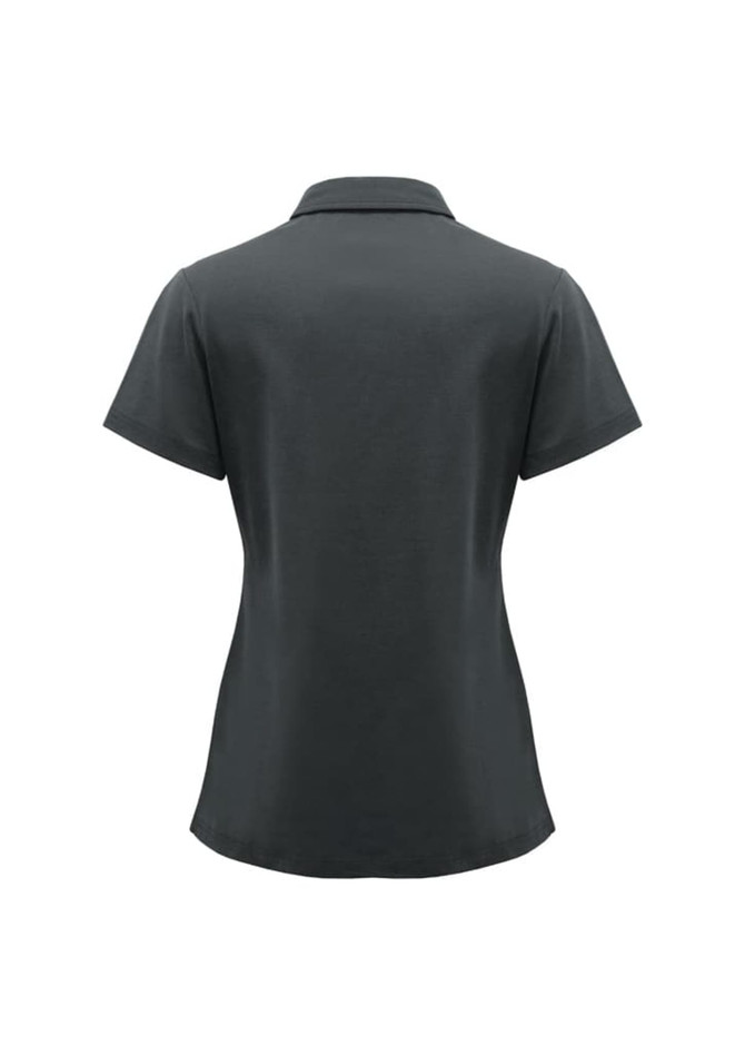 A women's short sleeve polo shirt in charcoal grey, featuring a collar and a fitted design. Includes a logo.